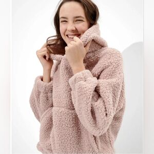 American Eagle Hoddie Cozy Sherpa Cinched Pullover Dusty Rose Small NEW